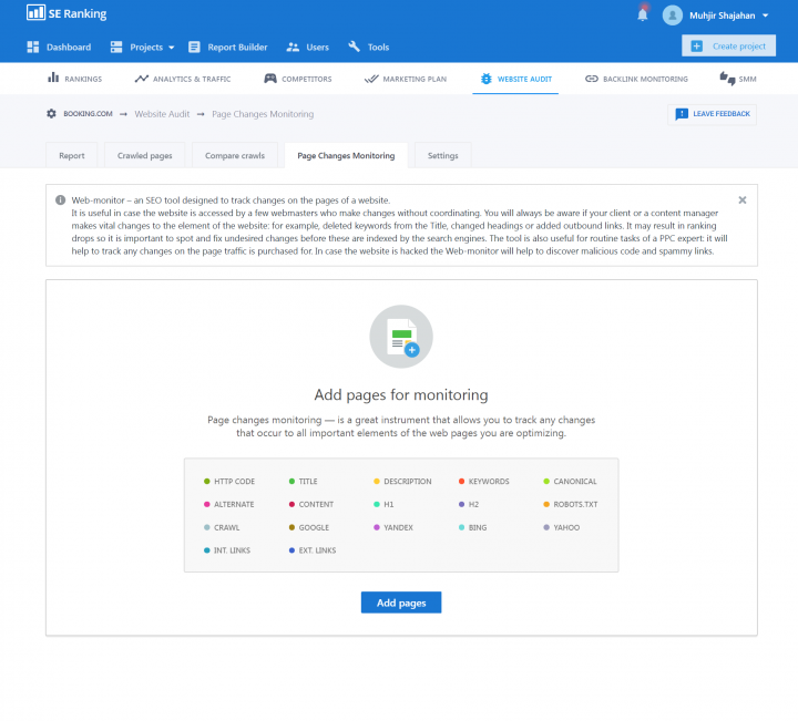 Page Changes Monitoring section